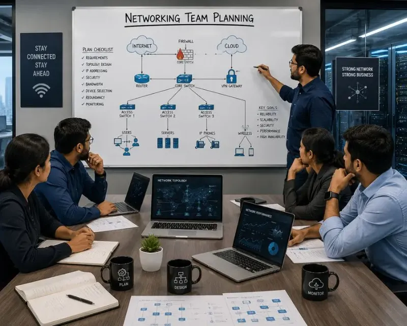 Ashwell IT Solutions team planning network infrastructure in a meeting room